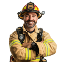 amigáveis bombeiro retrato com braços cruzado, sorridente orgulhosamente dentro cheio engrenagem contra uma limpar \ limpo pano de fundo, bombeiro retrato, amigáveis sorridente braços cruzado isolado em sólido transparente fundo png