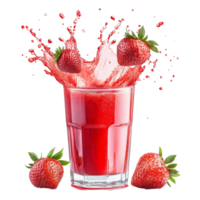 Refreshing strawberry juice splashes from a glass surrounded by ripe strawberries on a clean transparent background, Strawberry juice splashing with its fruits isolated png