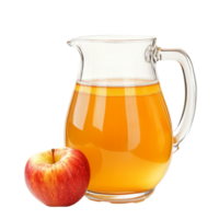Fresh apple juice in a clear pitcher next to a red apple against a transparent background, Apple juice in a pitcher isolated png