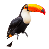A vibrant toucan perched on a branch, showcasing its colorful beak against a plain transparent background, toucan isolated on transparent background png