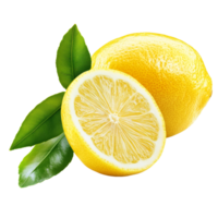 Fresh lemon fruit with green leaves isolated on a pristine transparent background, showcasing vibrant colors and textures, lemon fruit with leaf isolated on transparent background png
