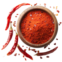 Chili powder and dried red chili peppers on a transparent background showcasing vibrant colors at a angle, chili powder transparent background png
