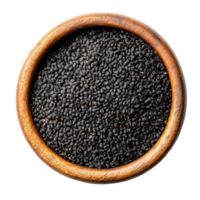 A bowl of black sesame seeds displayed on a clean transparent background for culinary use, black sesame in a bowl isolated on transparent background png