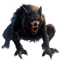 Scary werewolf crouching on a transparent background with intense eyes and sharp teeth ready to pounce, scary werewolf, file of isolated object on transparent background png