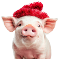Cheerful pig wearing a festive hat celebrating joy and happiness in a playful setting, Smiling Pig with Festive Hat on transparent background png