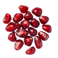 Fresh pomegranate seeds scattered on a clean transparent background showcasing their vibrant red color and glossy texture, pomegranate seeds isolated on transparent background png