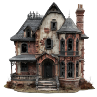 Abandoned dilapidated mansion surrounded by overgrown shrubs, perfect for Halloween ambiance, abandoned dilapidated house mansion for halloween, file of isolated object on transparent background png