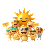Smiling sun characters celebrate summer with cheerful signs in a bright, sunny atmosphere, Smiling Sun Characters Holding Happy Summer Signs on transparent background png