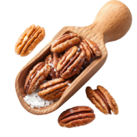 Pecan nuts with light salt in a wooden scoop resting on a transparent surface for a natural, rustic look, Pecan nuts topped with light salt in wood scoop isolated on transparent background png