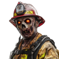 A zombie firefighter with glowing eyes stands against a plain backdrop, featuring horrorthemed details and textures, Firefighter zombie on transparent background png