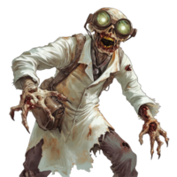 Zombie scientist in lab coat with goggles emerges threateningly on a stark transparent background, zombie scientist on transparent background png