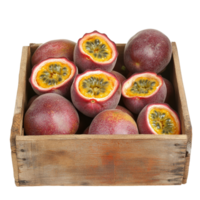 A rustic wooden box filled with ripe passion fruits cut open, showcasing vibrant yellow pulp on a transparent background, wooden box of passion fruitsisolated on transparent background png