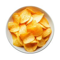 Golden potato chips served in a bowl on a clean transparent background ready for snacking at any time of day, Potato chips in a plate isolated on transparent background png