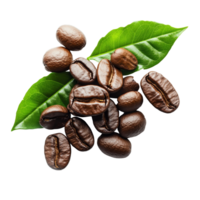 Coffee beans with fresh leaves isolated on a transparent background, showcasing their rich color and texture for a vibrant and natural look, coffee beans with leaves isolated on transparent background png
