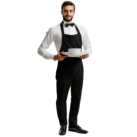 Elegant waiter presenting a dish with a smile on a transparent background, perfect for dining and service themes, Elegant Waiter Serving Pose Isolated on transparent background png