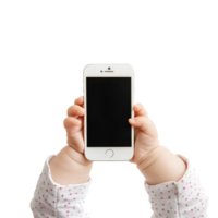 Babys hands holding a smartphone in a bright, minimalist setting against a transparent background, Babys Hands Holding Smartphone Isolated on transparent background png