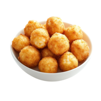 A large bowl of crispy fried cheese balls arranged on a transparent background ready to serve as a delicious snack, fried cheese balls on transparent background png