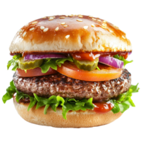 Delicious burger with fresh toppings and sesame seed bun isolated on a transparent background, hamburger isolated on transparent png