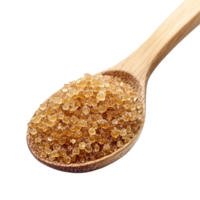 Freshly harvested brown sugar heaped in a wooden spoon on a transparent background, brown sugar in wood spoon isolated on transparent background png