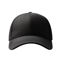 Front view of a black baseball cap mockup showcasing a sleek design against a simple background, black baseball cap mockup front view, file of isolated object with shadow on transparent background png