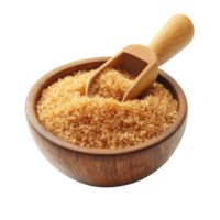 Brown sugar in a wooden bowl with a scoop resting on a transparent surface highlighting its rich texture, Brown sugar in wood bowl and scoop isolated on transparent background png