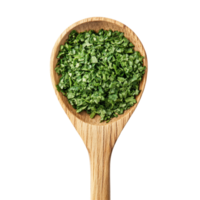 Dried chopped parsley in a wooden spoon placed on a transparent background for culinary use and presentation, Dried chopped parsley in wood spoon on transparent background png