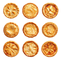 A delightful collection of freshly baked apple pies arranged in a grid on a clean transparent surface for a tempting dessert display, Apple pies top view isolated on transparent background png