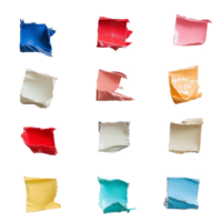 A vibrant collection of torn tape pieces arranged on a transparent background showcasing a spectrum of colors, Different colors of torn tape on a transparent background png