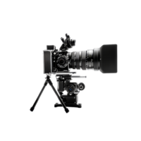 Professional film camera on a tripod positioned against a clean transparent background for product showcasing, professional film camera, file of isolated object with shadow on transparent background png