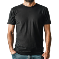 Mockup of a man wearing a black tshirt in a studio setting against a plain backdrop, black tshirt mockup on a man, file of isolated object with shadow on transparent background png