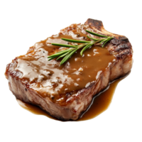 A succulent slice of panfried steak topped with gravy and garnished with fresh rosemary on a transparent plate, slice of panfried steak, served with gravy isolated on transparent background png