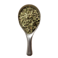 Freshly dried oregano in a metal scoop against a pristine transparent background, Oregano in scoop on transparent background png