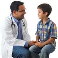Doctor interacting with a young patient in a clinical setting, fostering trust and communication during the visit, file no background Doctor meeting a young patient png