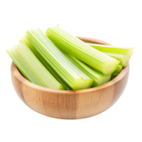 Freshly sliced celery in a wooden bowl on a clean transparent background for healthy eating and meal preparation, slice celery in wood bowl isolated on transparent background png