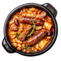 Homemade cassoulet with sausages and beans served in a rustic pot for a hearty meal, Traditional Cassoulet Dishes with Sausages and Beans on transparent background png