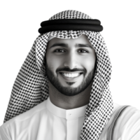 A joyful Arab man wearing a monochrome keffieh smiles brightly against a plain transparent background, Smiling Arab Man with Monochrome Keffieh on transparent background png