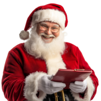 Santa Claus joyfully reading his gift list in a festive setting during the holiday season, Santa claus smiling when reading gift list on transparent background png