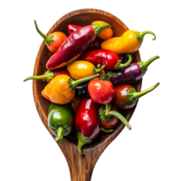 A vibrant mix of colorful peppers displayed in a wooden spoon on a transparent background, Mixed of peppers in wood spoon isolated on transparent background png