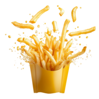 French fries splashing dramatically in a container surrounded by bubbly liquid on a bright transparent background, French fries splashing isolated png