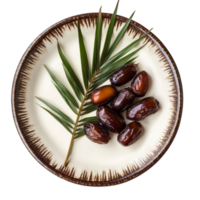 Fresh date palm fruits arranged on a decorative plate with a green palm leaf isolated on a transparent background, date palm in a plate isolated on transparent background png