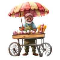 An ice cream seller happily serving delightful treats on a sunny day with colorful cones and a vibrant umbrella, Illustration of a Ice cream seller, transparent background png