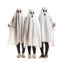 People dressed as ghosts for Halloween gathering, posing together in a bright, isolated background, People disguised in a ghost for halloween isolated on transparent background png