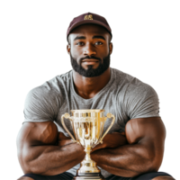 Athlete proudly displaying trophy while seated against a transparent background in a fitnessfocused setting, Fit Male Athlete with Trophies on transparent background png