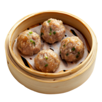 Steamed meatball dim sum served in bamboo steamer on a transparent background, steamed meatball, dim sum food isolated on transparent background png