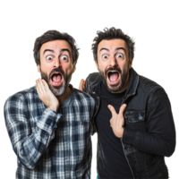 Two amazed friends express surprise and joy while posing together in a bright setting, two amazed men friends, file of isolated object on transparent background png