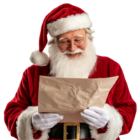 Santa Claus joyfully checking his gift list while dressed in his traditional red outfit against a clean transparent background, Santa claus smiling when reading gift list on transparent background png