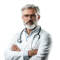 Mature male doctor with stethoscope in professional attire expressing confidence in a clinical setting, Portrait of Mature Male Doctors with Stethoscope on transparent background png