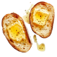 Toasted bread with melted butter drizzled with olive oil on a transparent background, Toasted Bread with Melted Butter on transparent background png