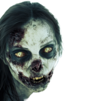 A chilling depiction of a female zombie with haunting features on a stark transparent background, zombie female on transparent background png
