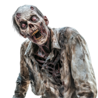 A terrifying zombie with skeletal features and tattered clothing stands menacingly against a transparent background, Terrifying Zombie on transparent background png